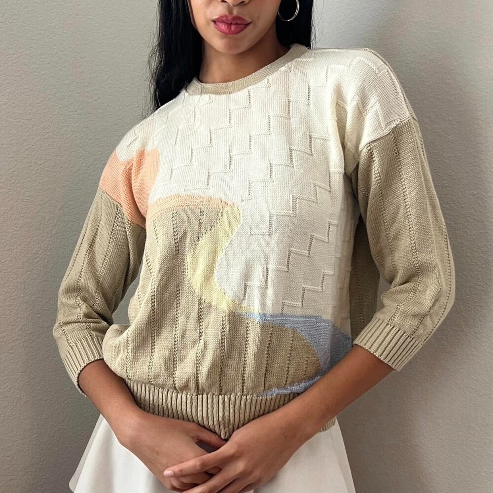 Cream and pastel vintage 80s knit sweater, Sz. M, Bay Point Threads